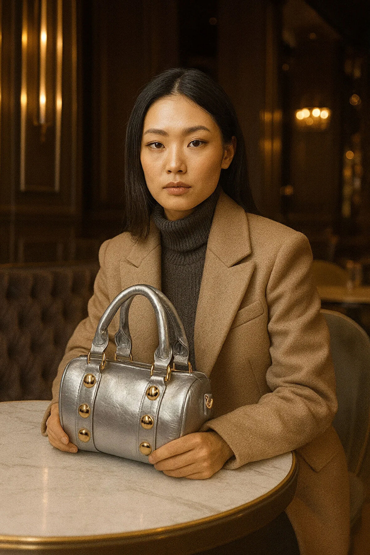 Lüks Altın Detaylı Silindir El ve Omuz Çantası