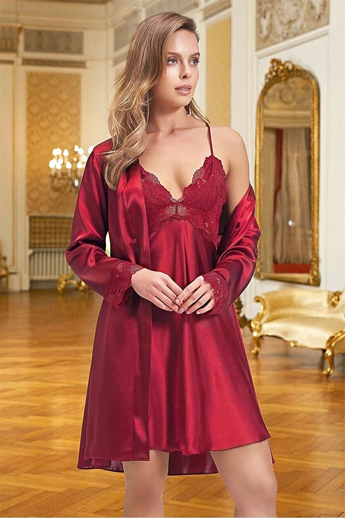5324 Saten Kısa Bordo Gecelik Sabahlık Takım