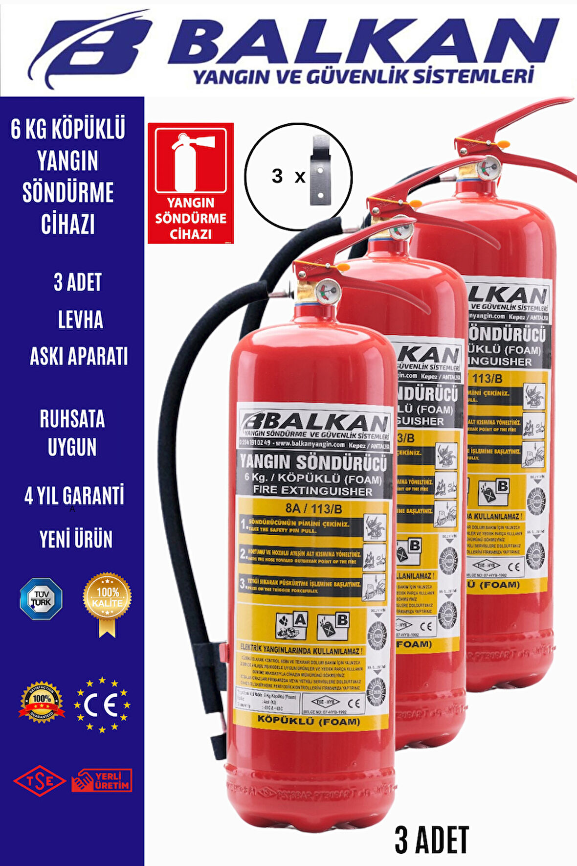3 Adet Köpüklü Yangın Tüpü 4 Yıllık Ruhsata Uygun (Levha, Talimat)