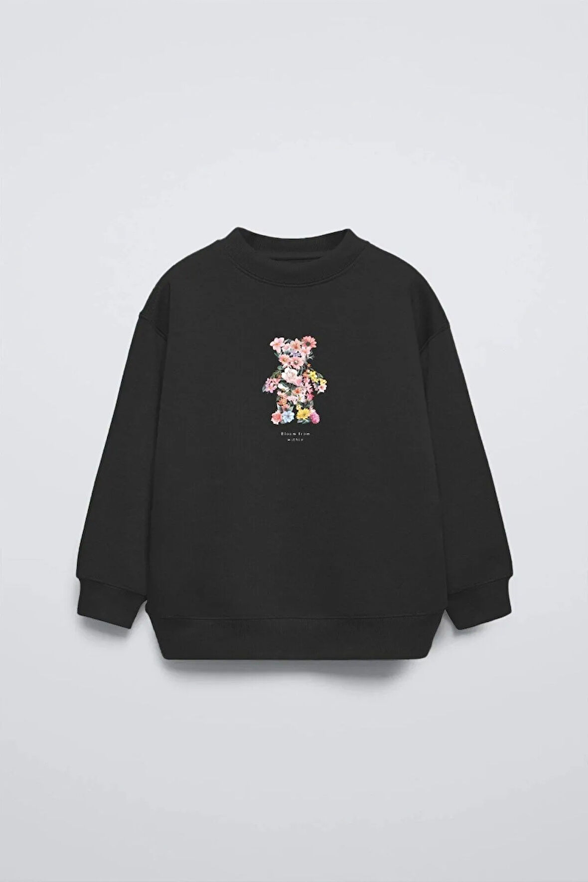 Füme Çocuk Çiçekli Ayıcık Baskılı Bisiklet Yaka Oversize Sweatshirt