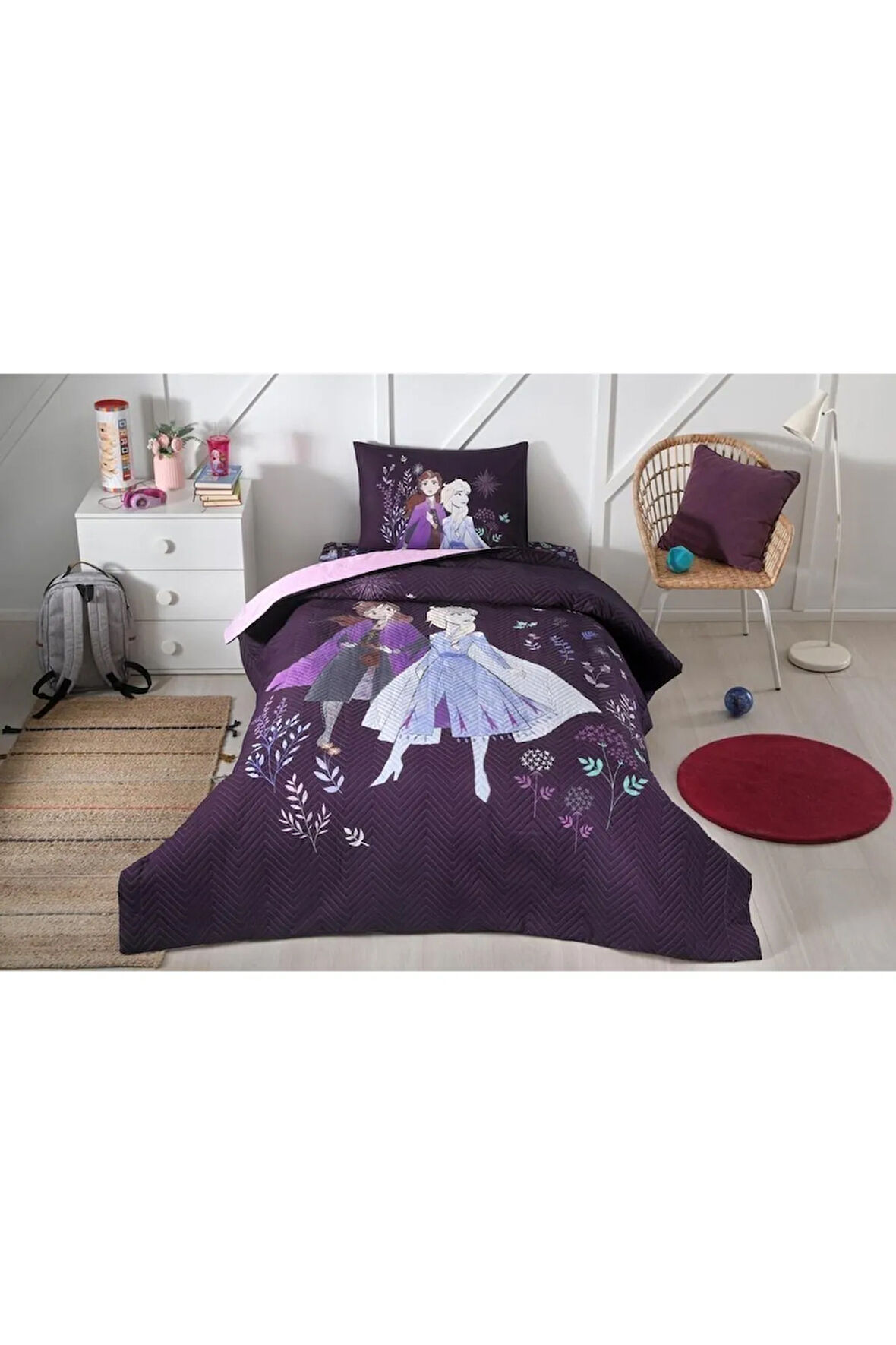 Mor Frozen Natural Tek Kişilik Lisanslı Kapitone Çocuk Nevresim