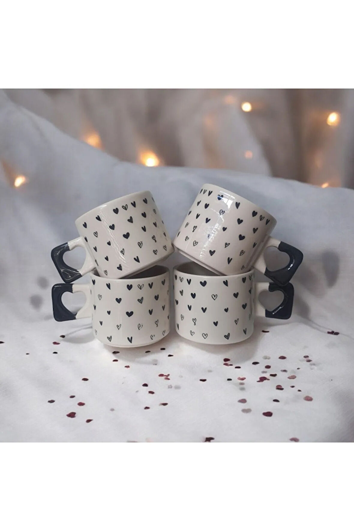 4 lü Siyah Minik Kalpler Çizimli El Yapımı Doğal Seramik Kalp Kupa / Mug - Çay&Kahve Fincanı