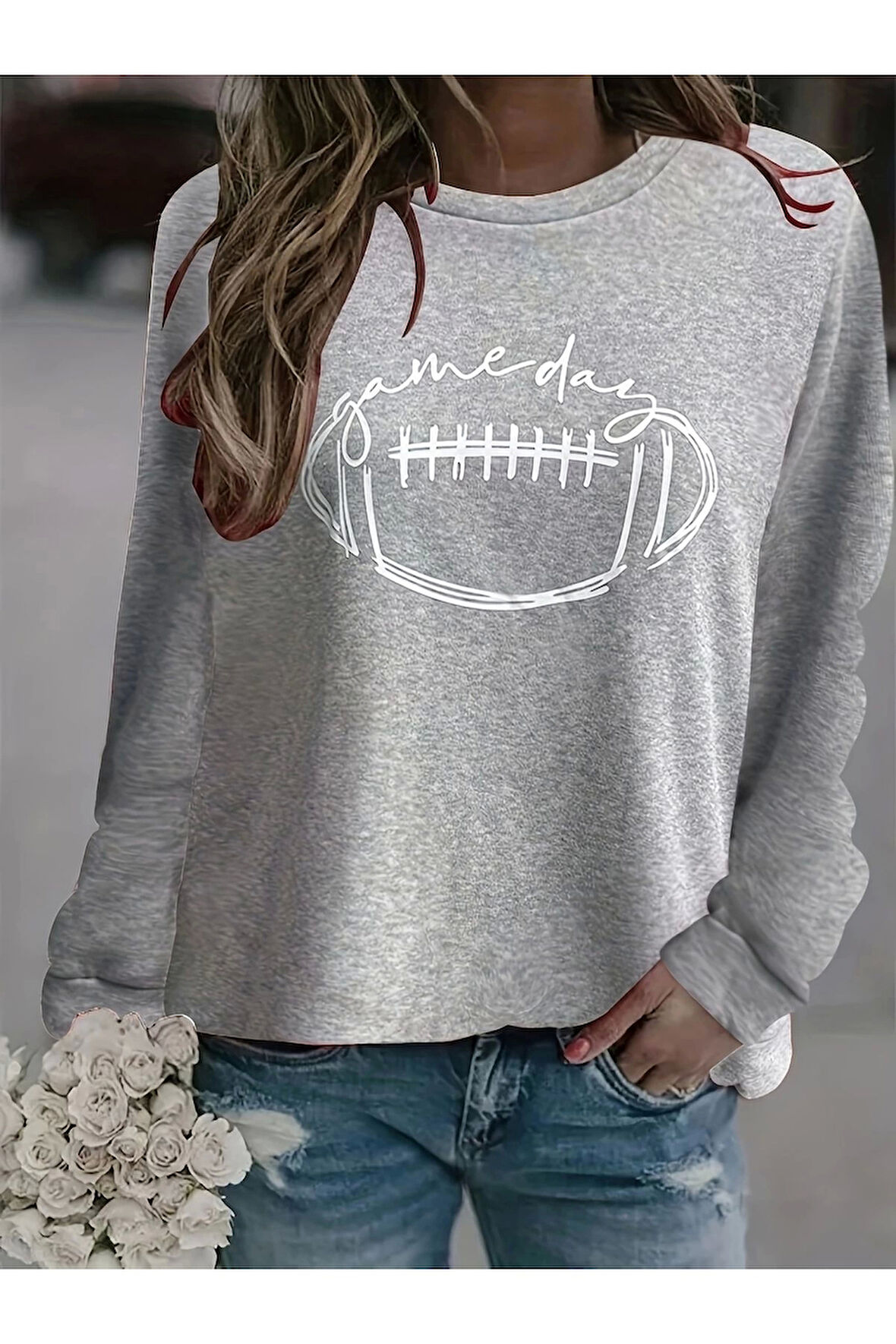 Kadın Game Day Baskılı Yuvarlak Yaka Gri Sweatshirt