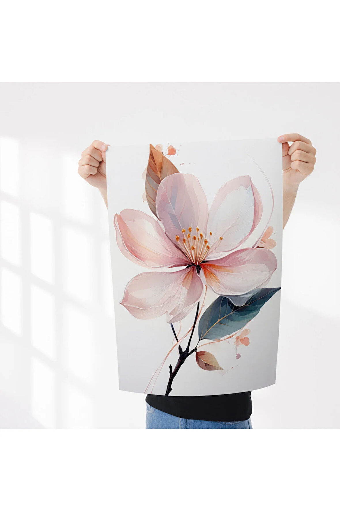 Çerçevesiz Poster Badem Çiçeği Yaprak Desenli