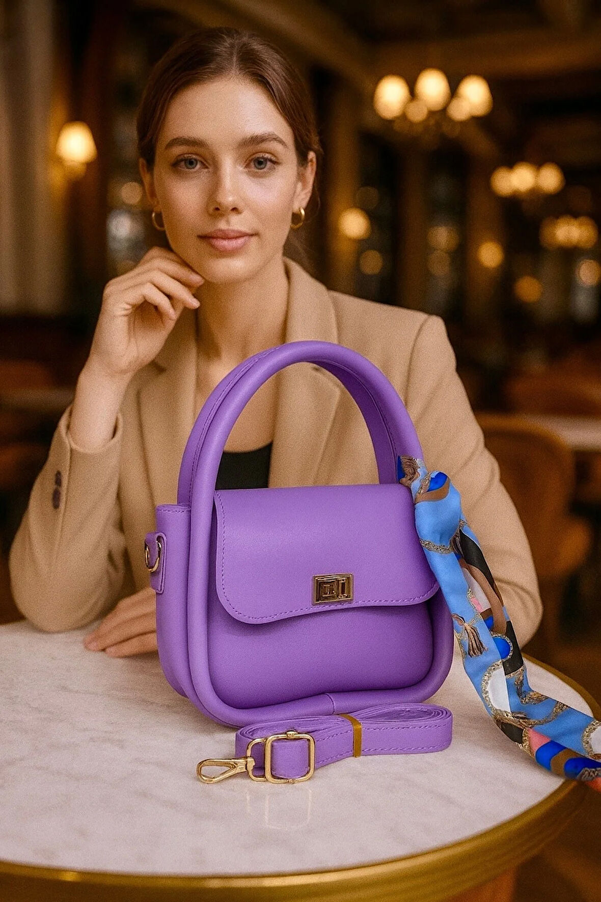 Lüks Gold Detaylı Şal Aksesuarlı Omuz & Çapraz Çanta