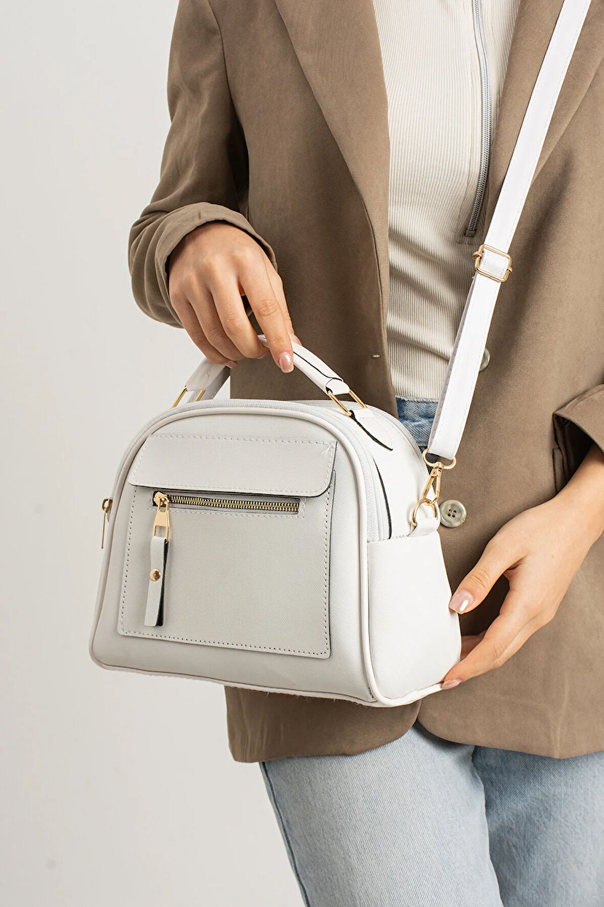 Orijinal Kadın Çapraz Ve Elde Ayarlanabilir Askılı Deri Dokulu Üç Gözlü Büyük Omuz Ve El Çantası