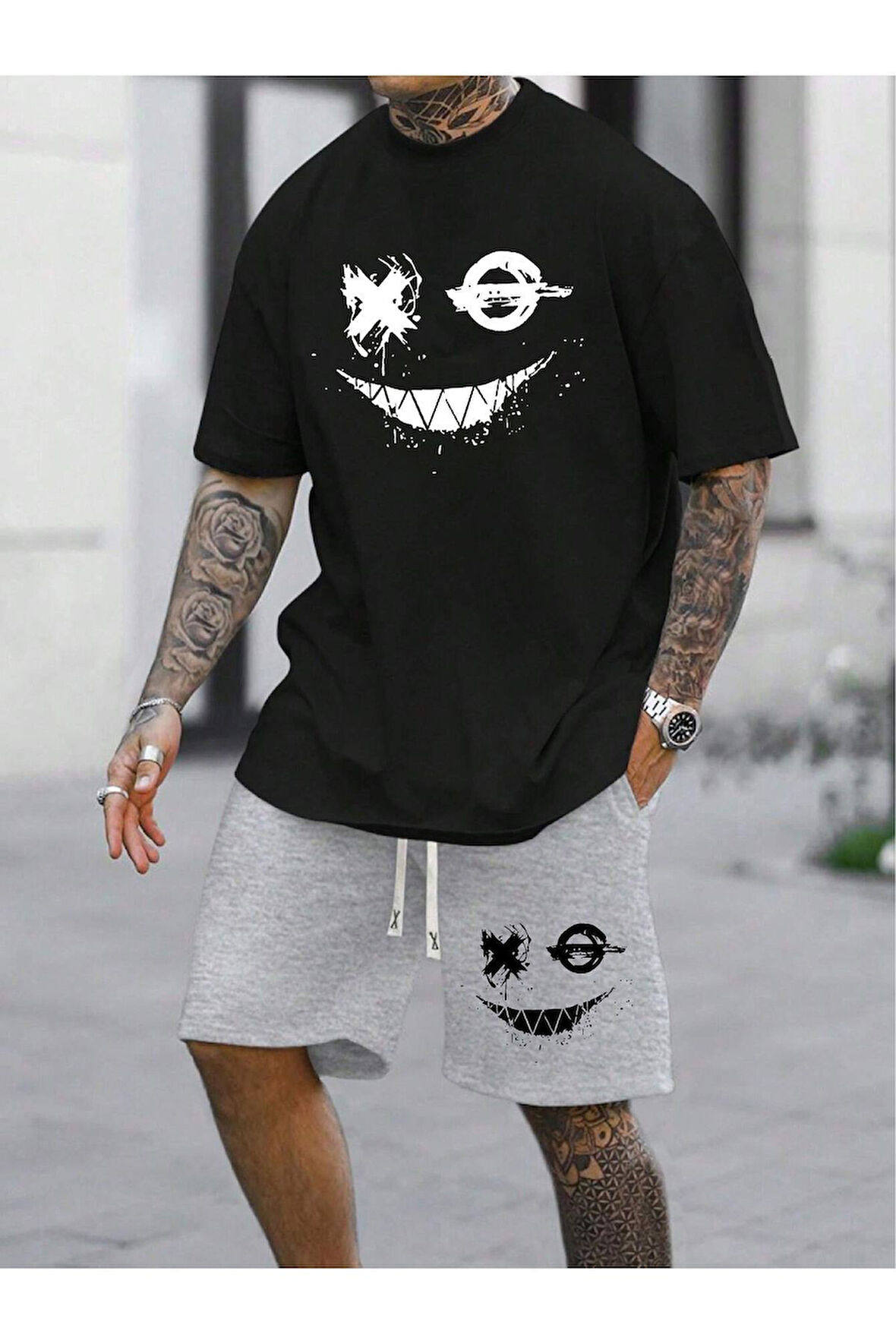 Siyah Erkek 2li Oversize Dragon Baskılı Pamuklu  Beast Mode Tişört ve Şort Takımı