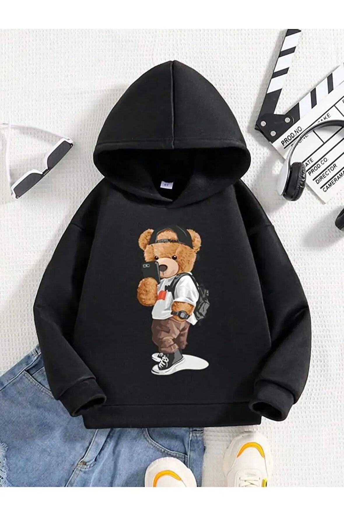 Tatlı Ayıcık Baskılı Siyah Çocuk Kapşonlu Sweatshirt