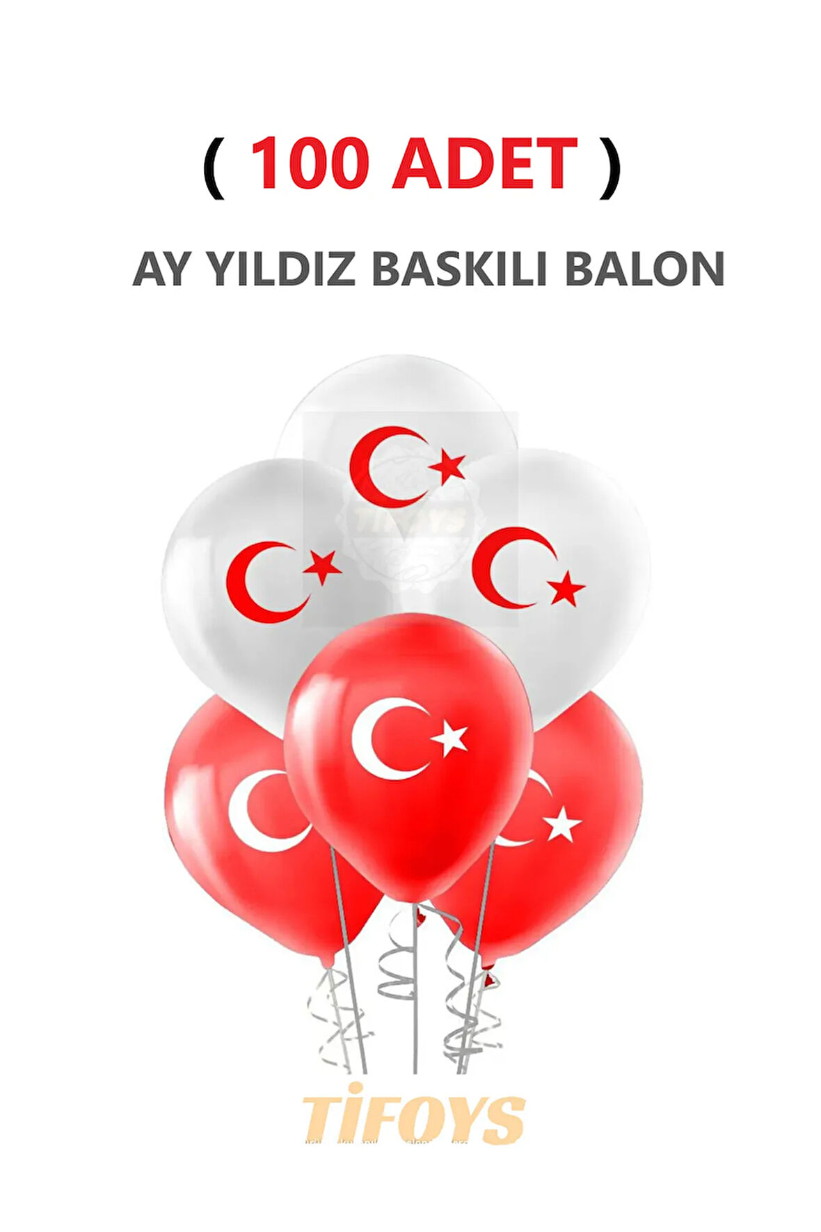 ( 100 Adet ) Ay Yıldız Baskılı Lateks Balon Kırmızı Beyaz