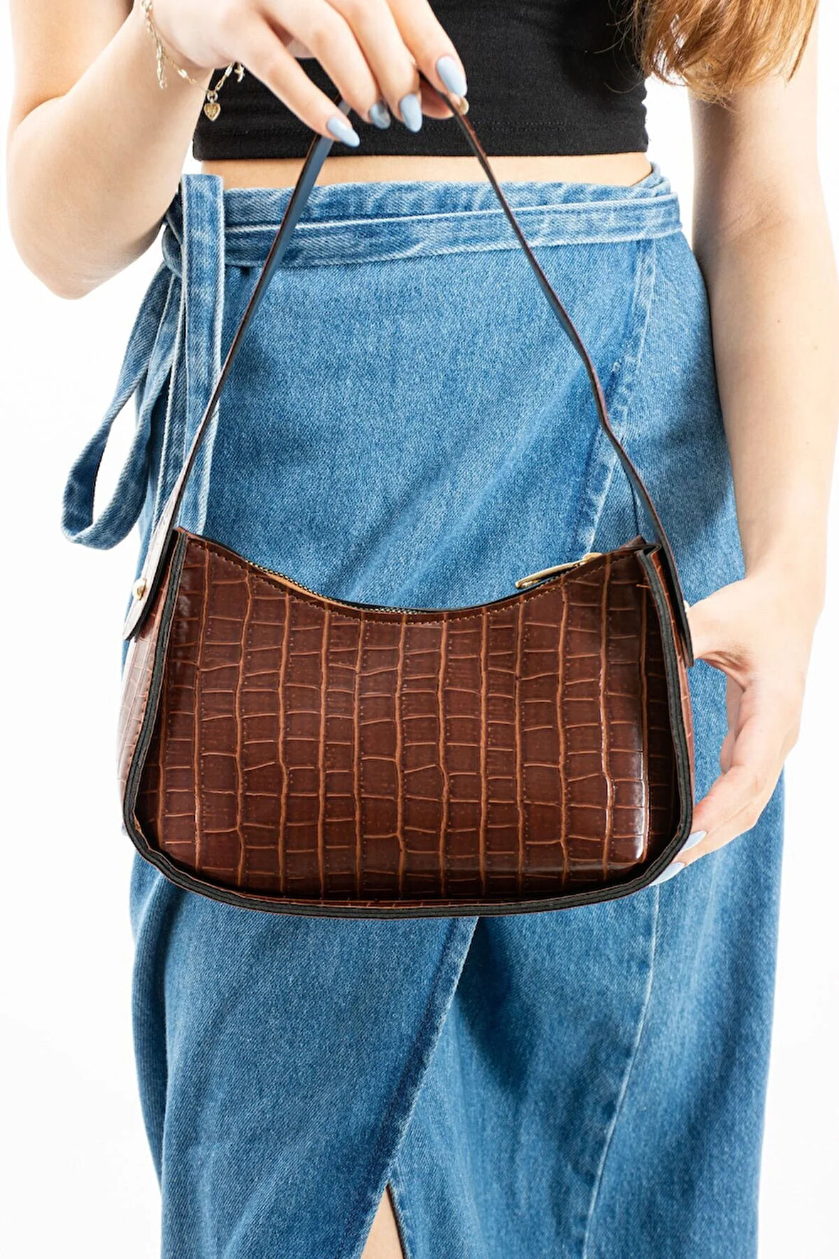 Kadın Kroko Desenli Baget Çanta