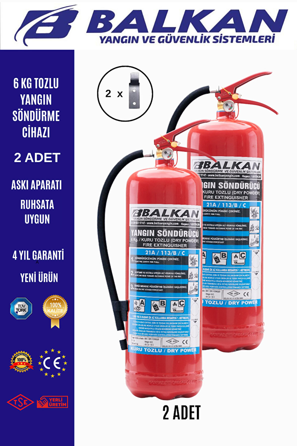 2 Adet Tozlu Yangın Tüpü 4 Yıllık Ruhsata Uygun (Askı Aparatı)