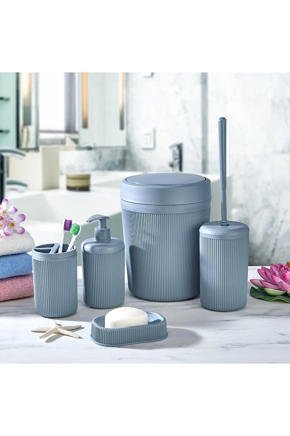 Gri 5 Parça Banyo Seti Çöp Kovası Klozet Fırçası Sıvı Sabunluk Diş Fırçalık ve Katı Sabunluk Seti