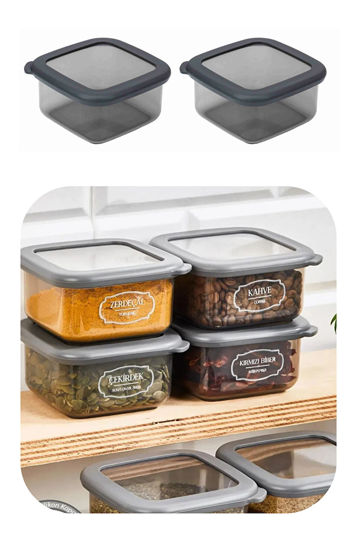 400 ml Gri Kare Saklama Kabı Silikon Kapak Hava Geçirmez Kuru Baklagil Kahve Bakliyat Makarna Kutu
