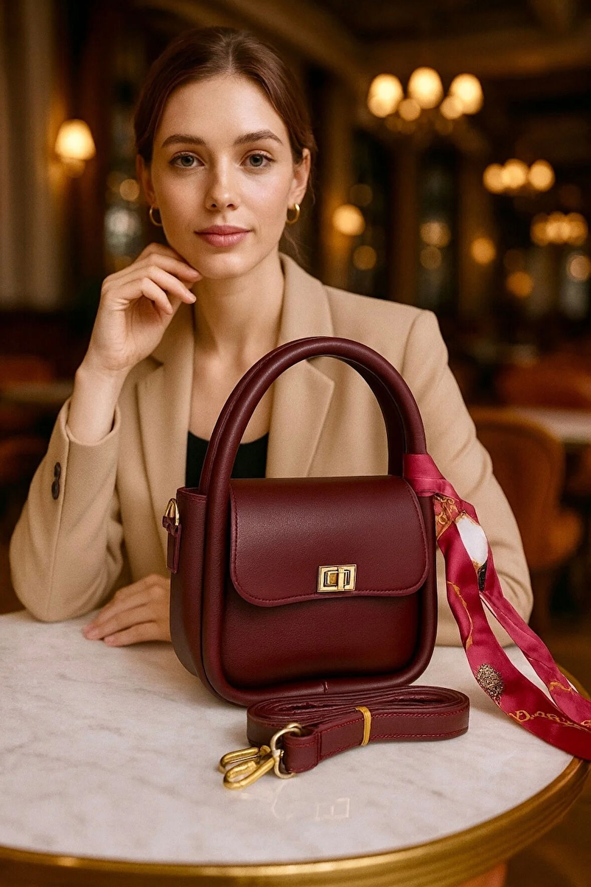 Lüks Gold Detaylı Şal Aksesuarlı Omuz & Çapraz Çanta