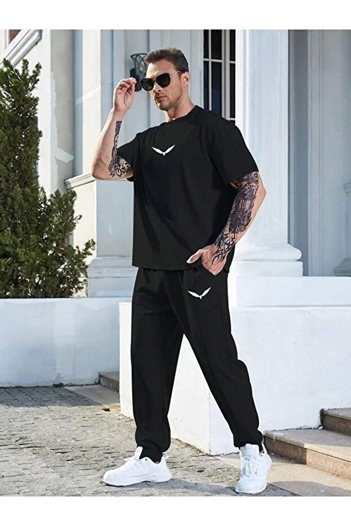 Wings T-shirt Eşofman Altı Jogger- Siyah Baskılı Alt Üst Eşofman Takım Oversize Bisiklet Yaka