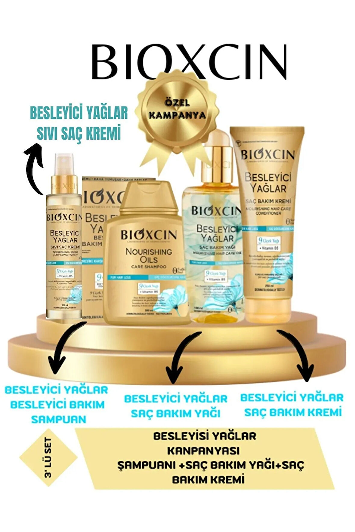 Besleyici Yağlar Bakım Şampuanı 300ml+Saç Bakım Yağı 150ml+Saç Bakım Kremi + Sıvı Saç Kremi