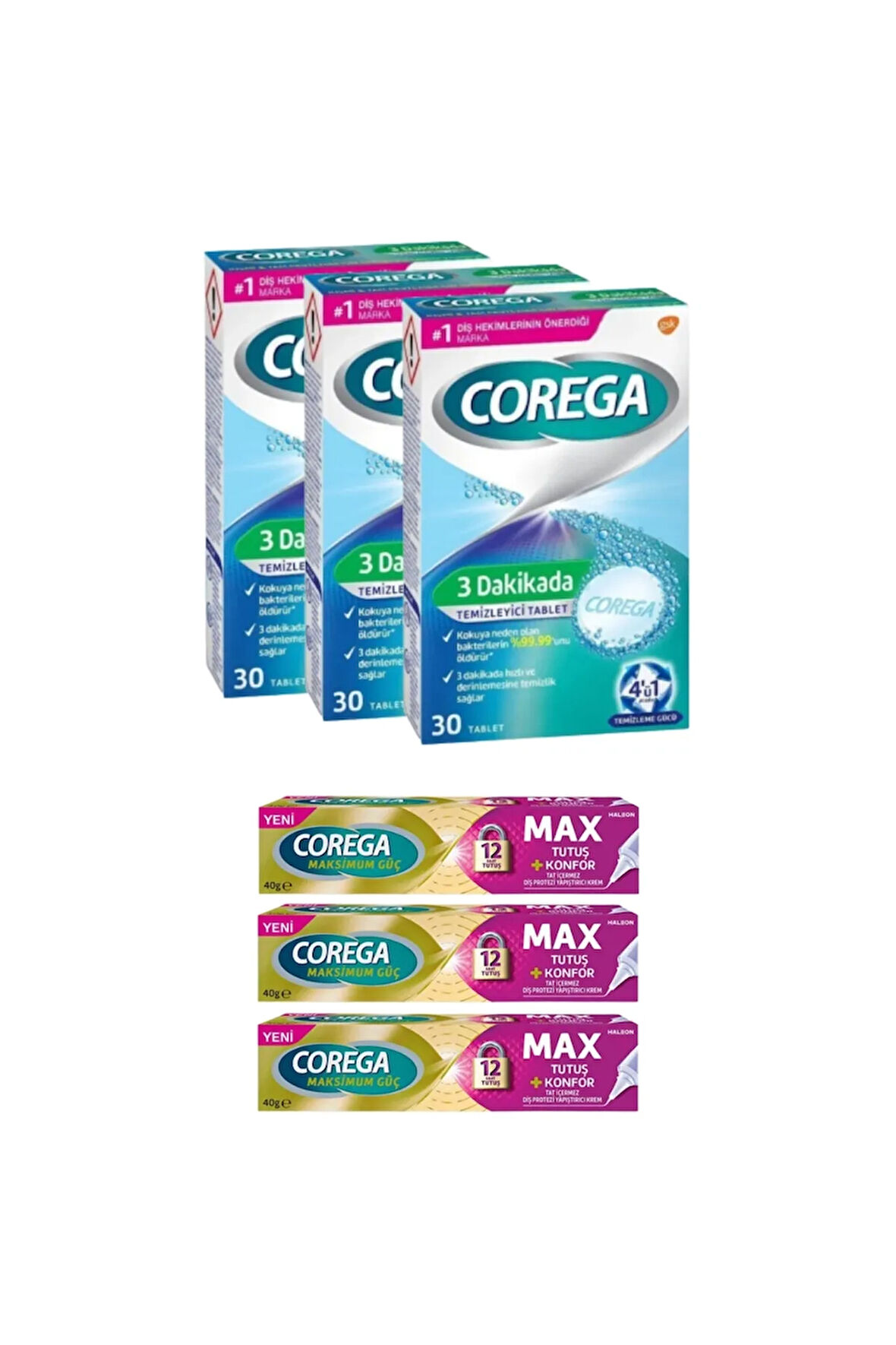 x3 3 Dakikada Diş Protezi Temizleyici 30 Tablet + x3 Max Tutuş + Konfor Protez Yapıştırıcı 40 gr