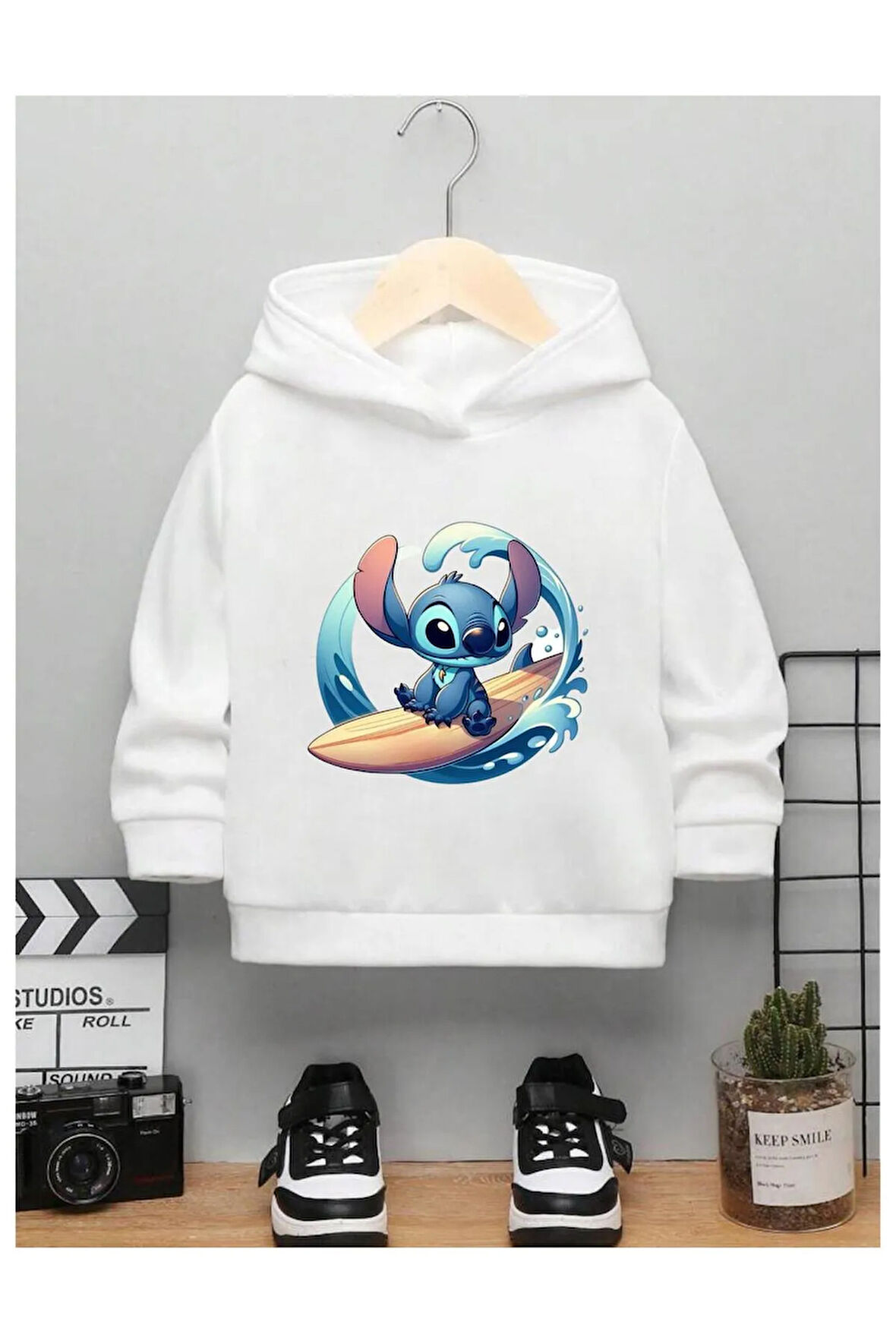 Çocuk Tasarım Stitch Surf Çizgi Karakter Baskılı Kapüşonlu Sweatshirt Pamuklu