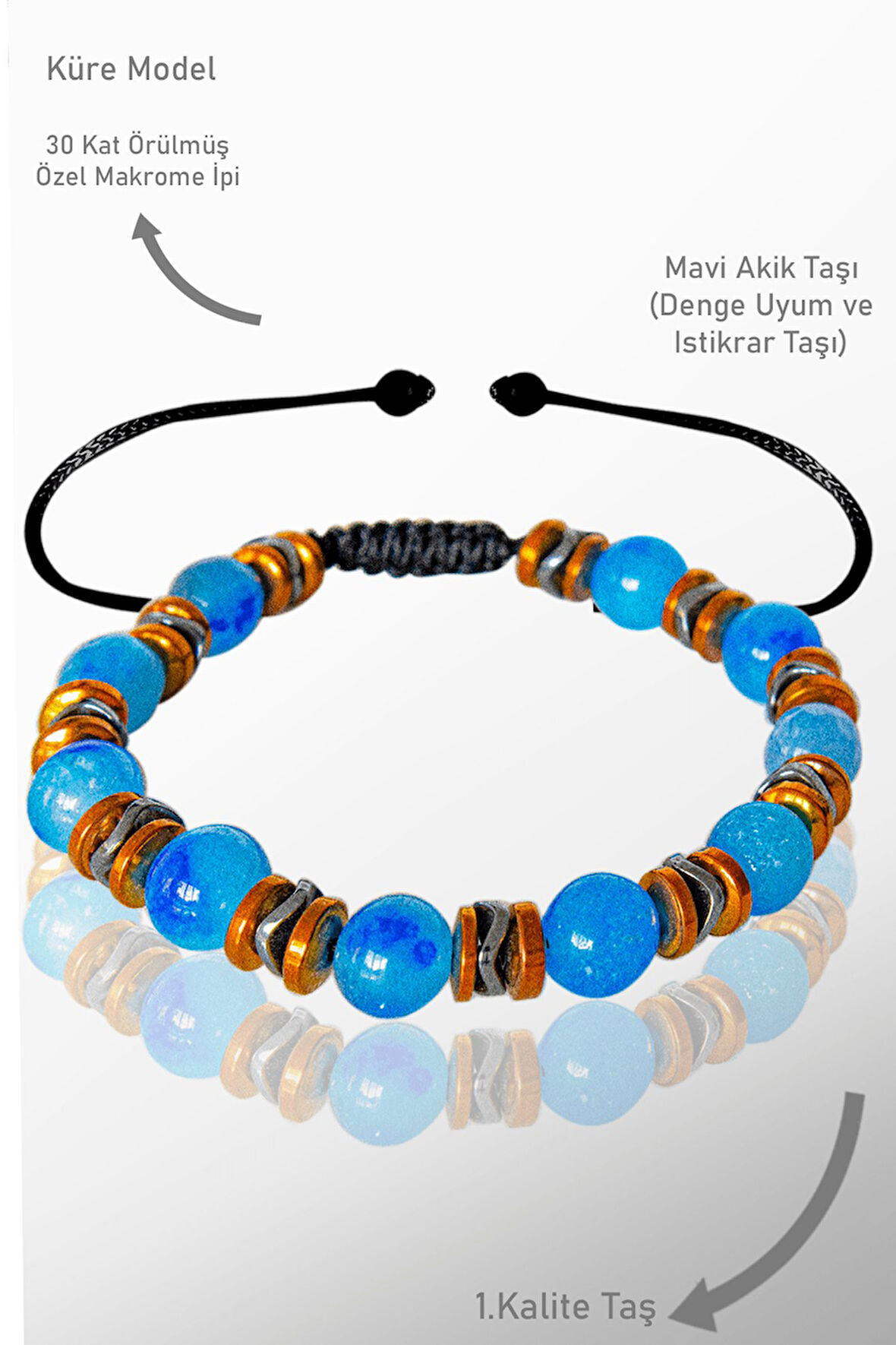 Sertifikalı Gerçek Hematit - Mavi Akik Taşı Bileklik - Ayarlamalı