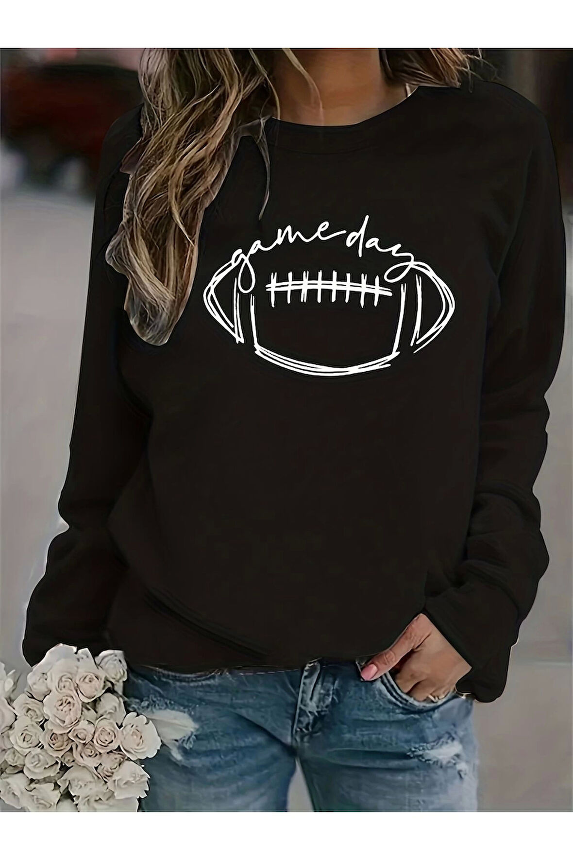 Kadın Game Day Baskılı Yuvarlak Yaka Siyah Sweatshirt