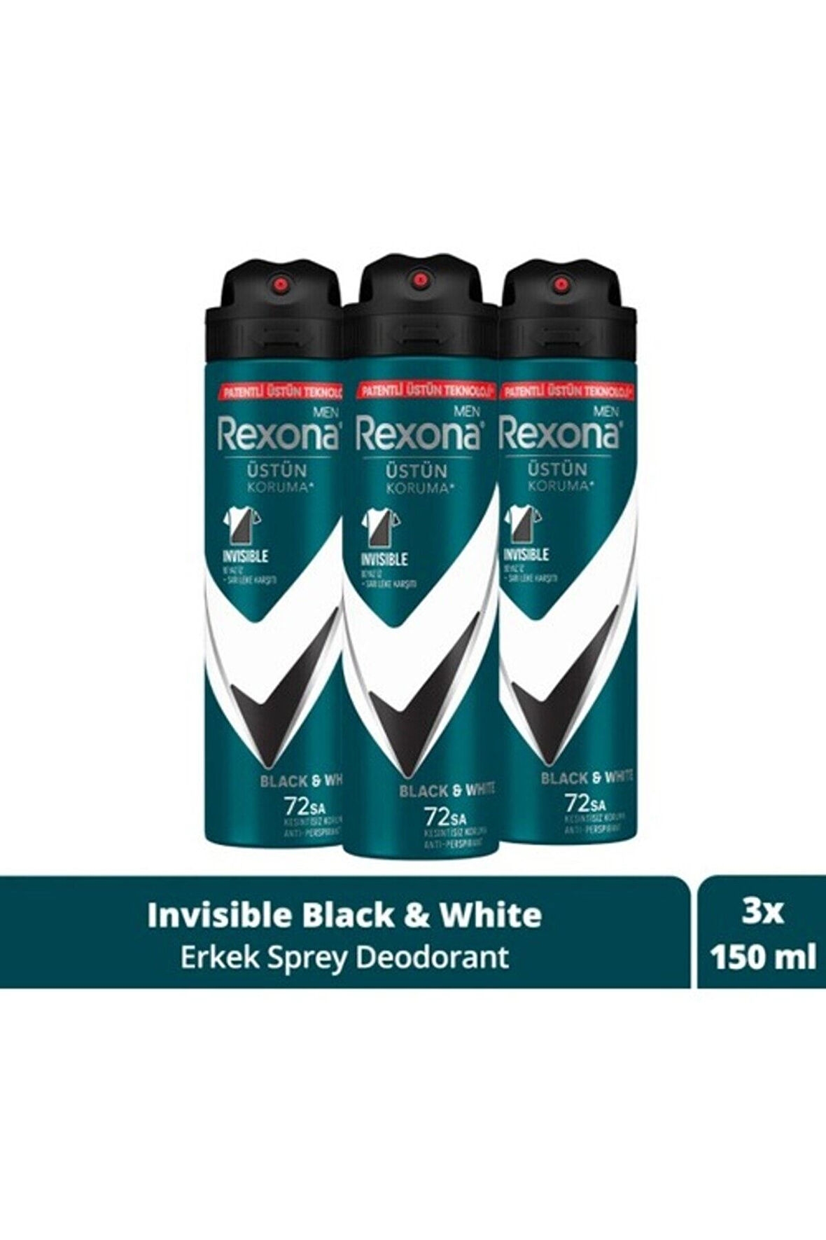 Rexona Men Erkek Sprey Deodorant Invisible Black & White 72 Saat Kesintisiz Üstün Koruma 150 ml X3