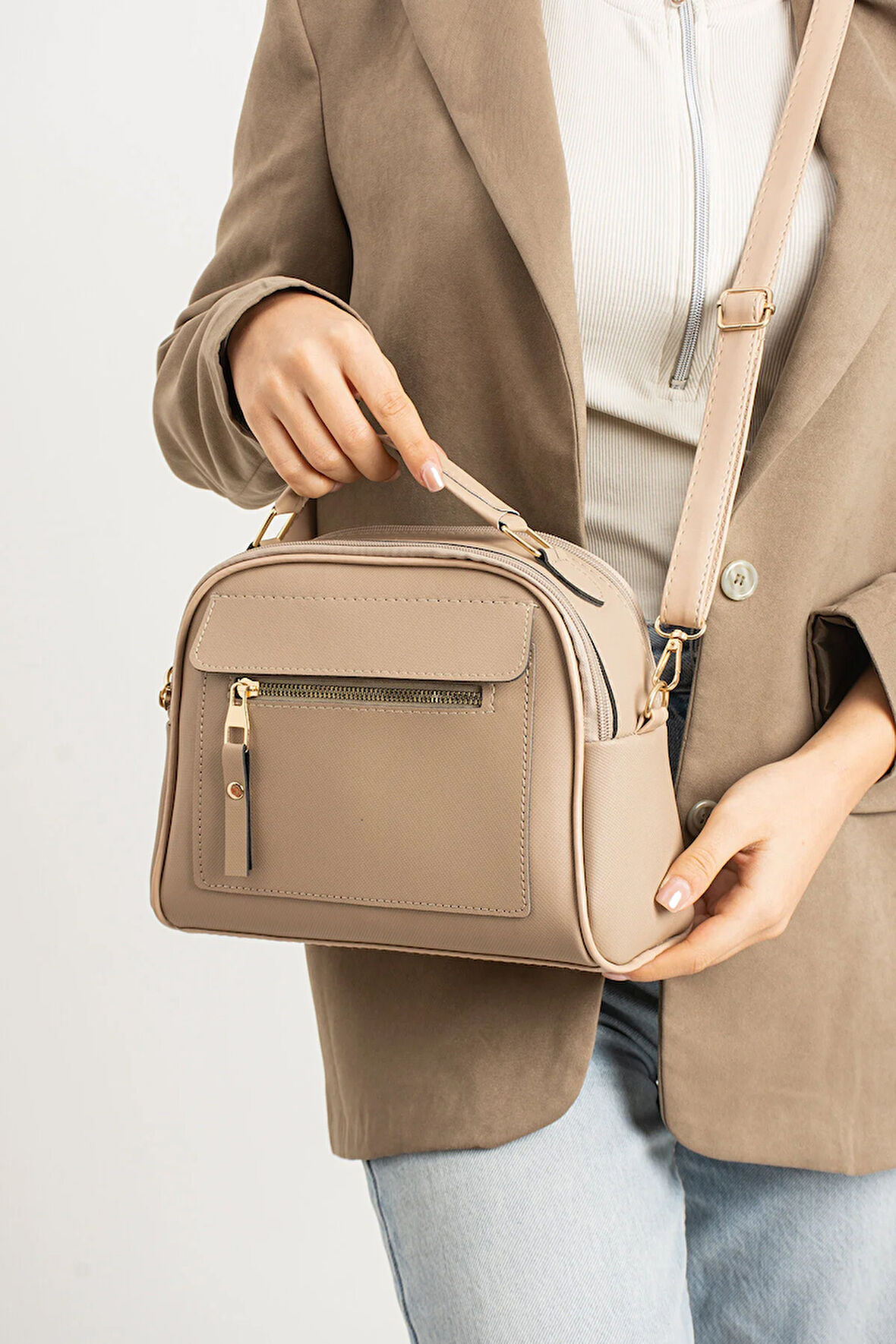 Orijinal Kadın Çapraz Ve Elde Ayarlanabilir Askılı Deri Dokulu Üç Gözlü Büyük Omuz Ve El Çantası