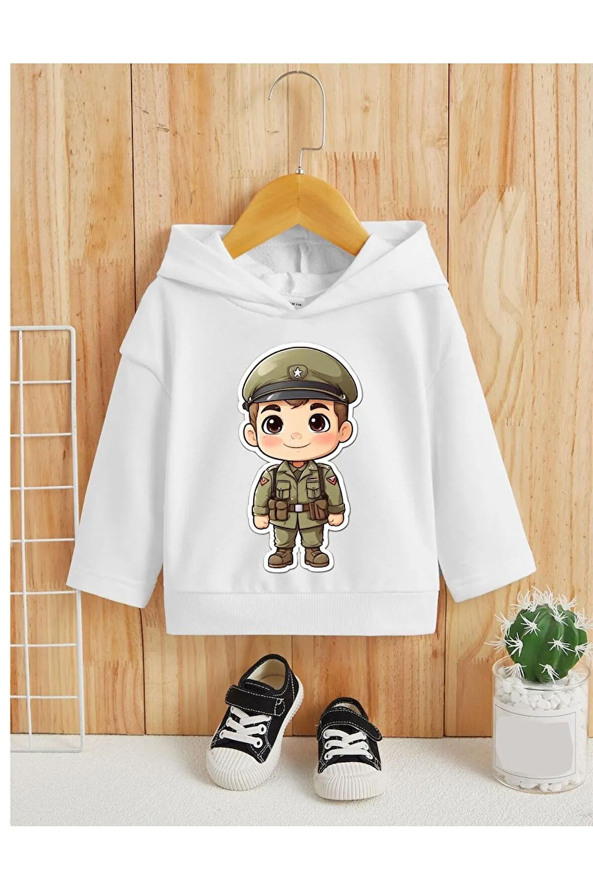 Çocuk Tasarım Asker Çocuk Baskılı Kapüşonlu Sweatshirt Pamuklu