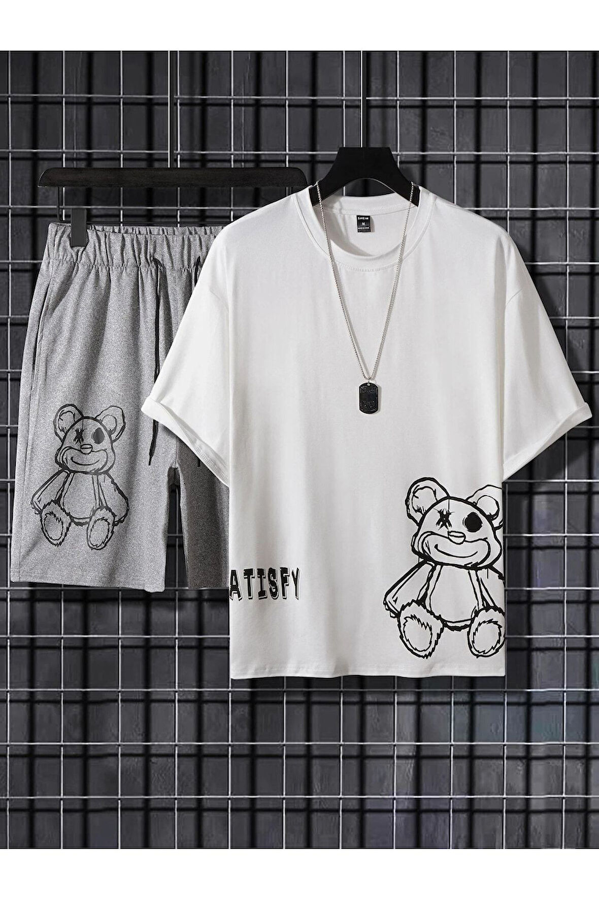 Bear Baskılı Gri Şort Beyaz T-shirt Takım