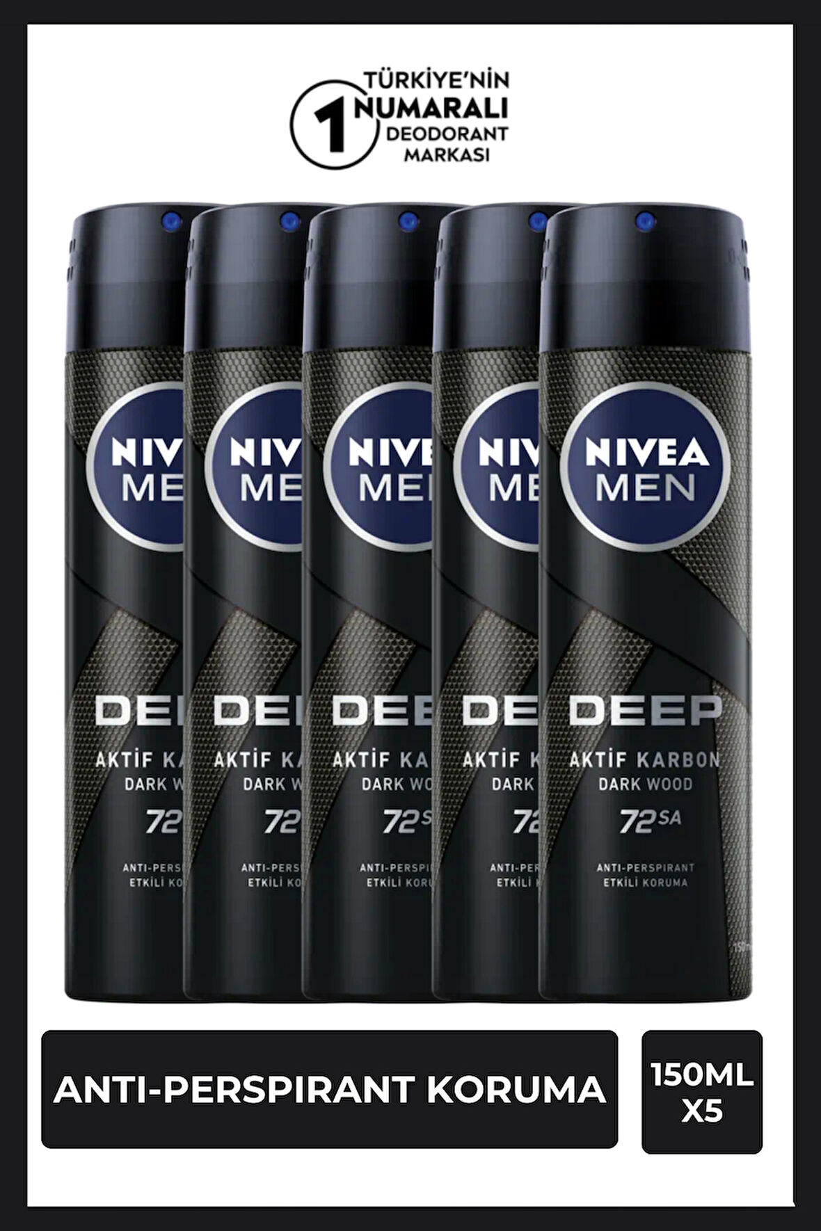Nivea Men Erkek Sprey Deodorant Deep Dimension 48 Saat Anti-perspirant Koruma 150ml x 5 Adet