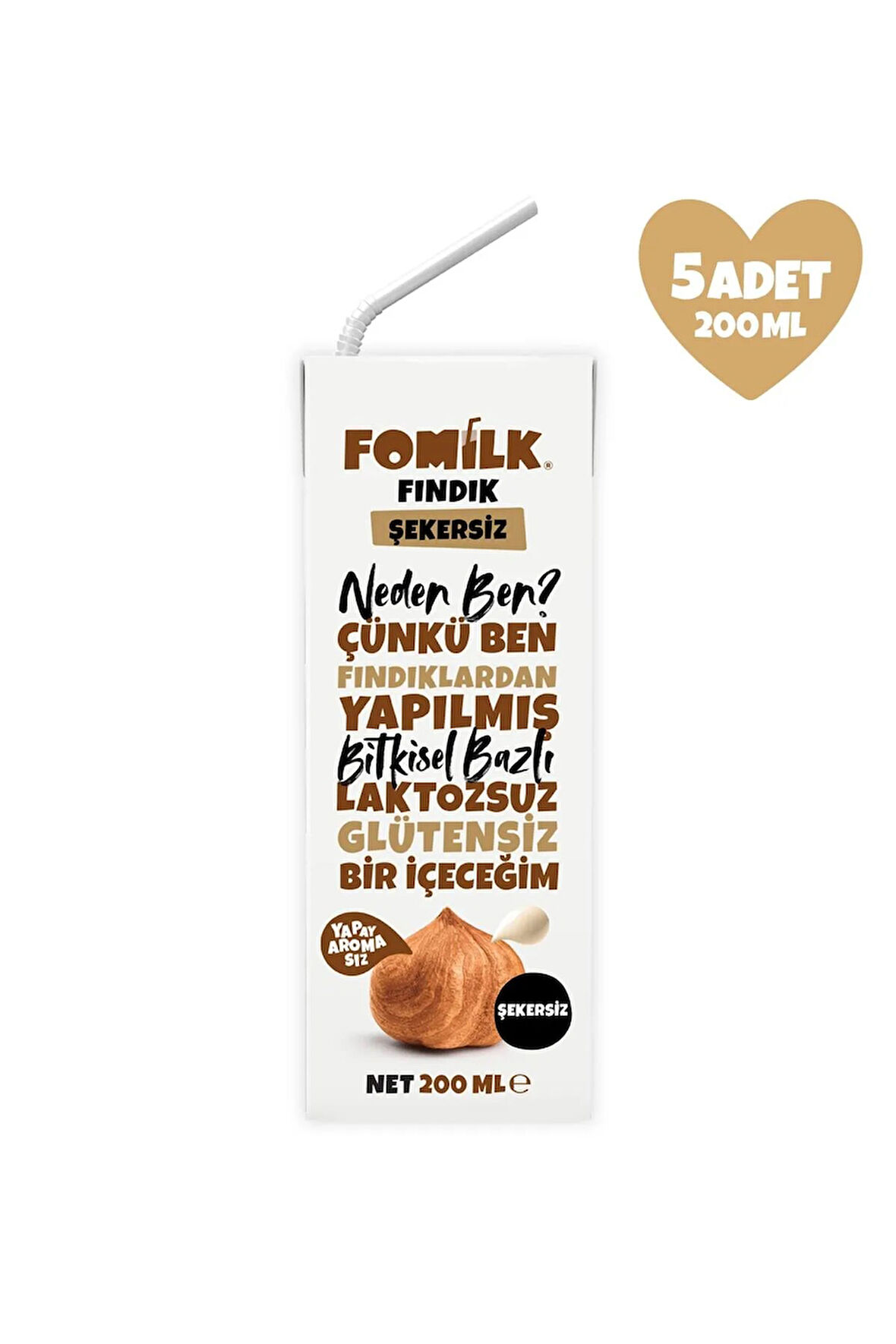 Fındık Sütü Glutensiz Bitkisel Bazlı Laktozsuz Vegan Şekersiz200 Ml x 5 Adet