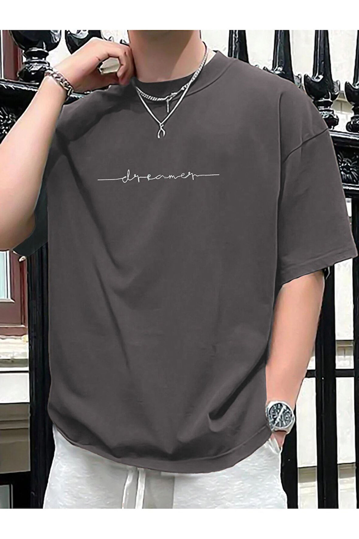 Erkek Beyaz Dreamer Baskılı Oversize T-shirt garalio