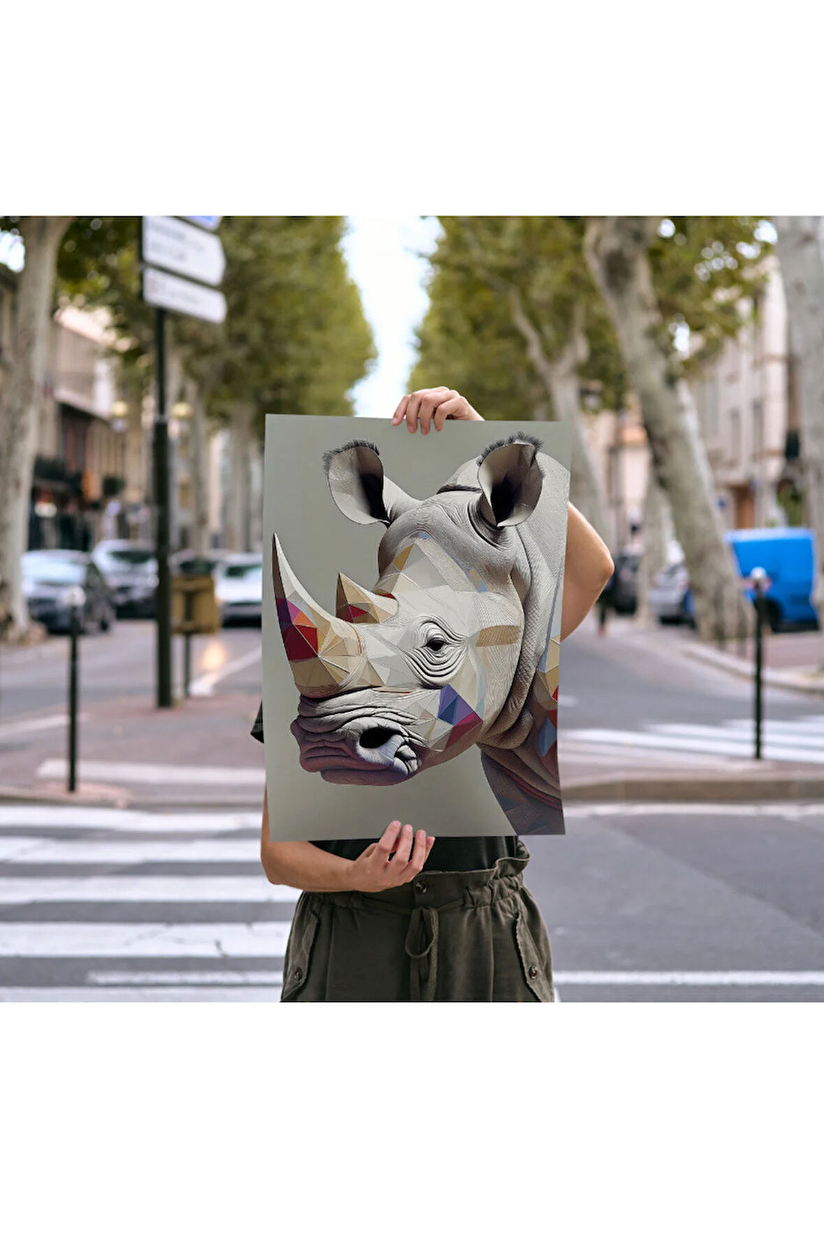 Çerçevesiz Poster Mozaik Desenli Gergedan