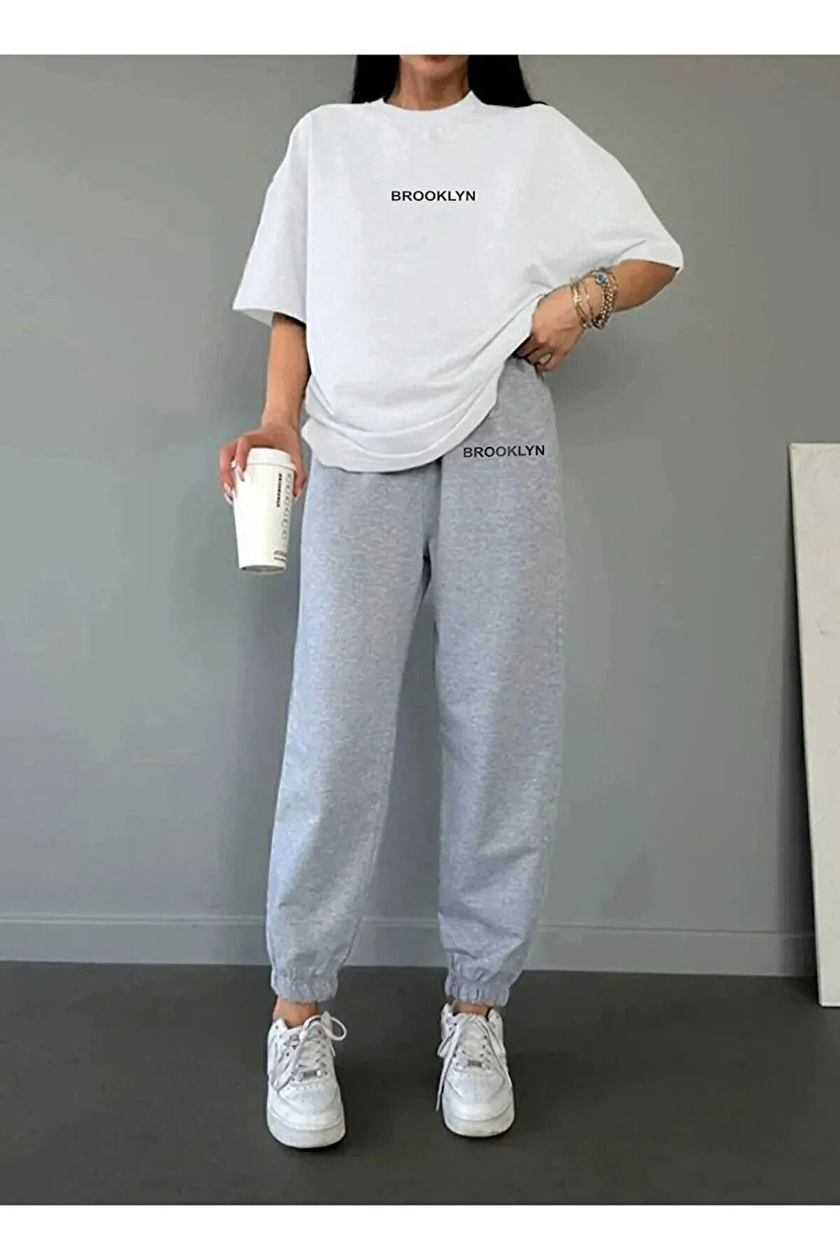 Sevimli Kedi Siyah T-Shirt Gri Eşofman Altı Jogger - Alt Üst Eşofman Takımı Bisiklet Yaka