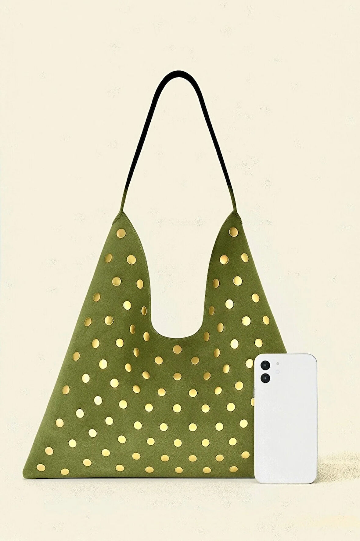 Lüks Suet Deri Gold Taşlı İkonik Üçgen Omuz Çantası