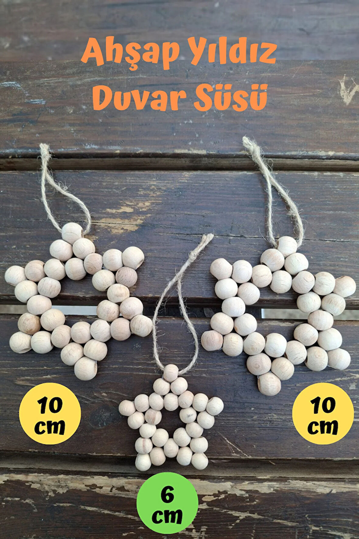 3'lü Dekoratif Ahşap Boncuklu Yıldız Set, Kapı Duvar Mutfak Bebek Odası Süsü