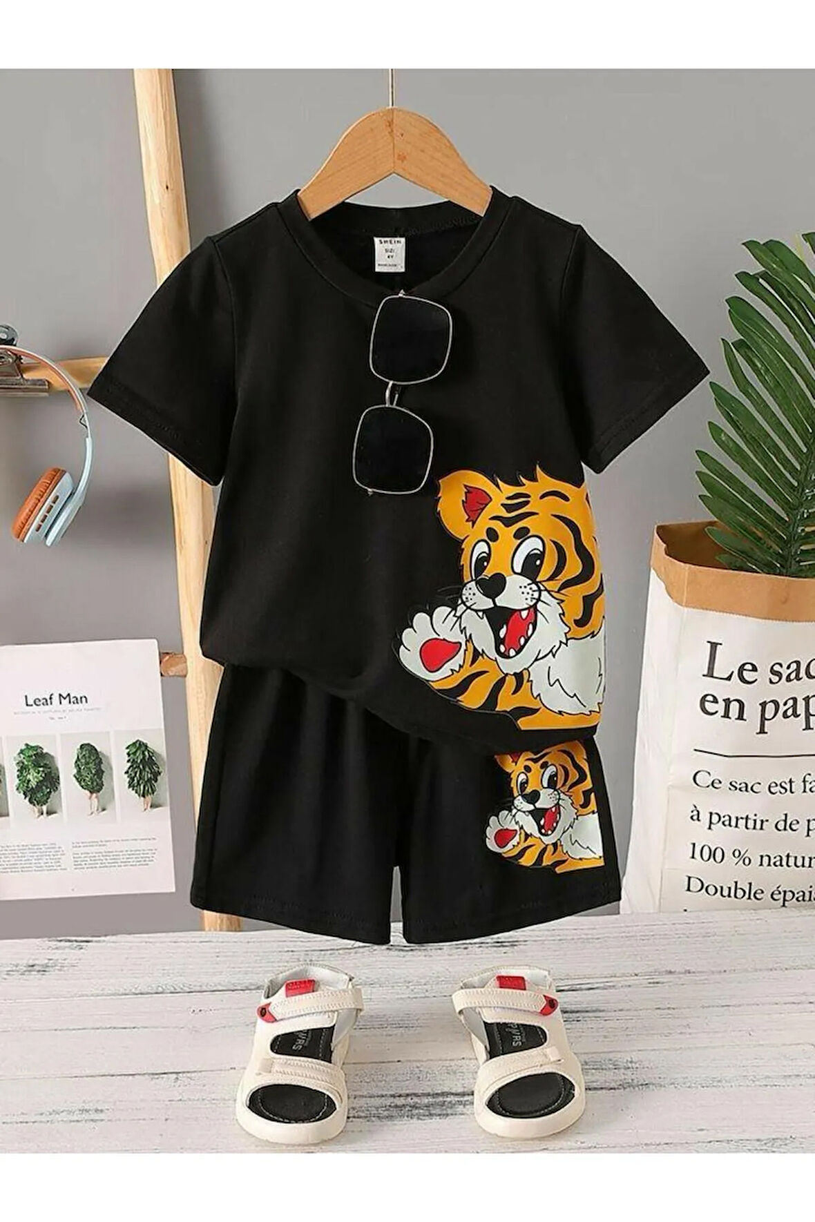 Çocuk Tasarım Aslan Yavrusu Baskılı T-Shirt Şort Alt Üst Takım %100 Pamuk