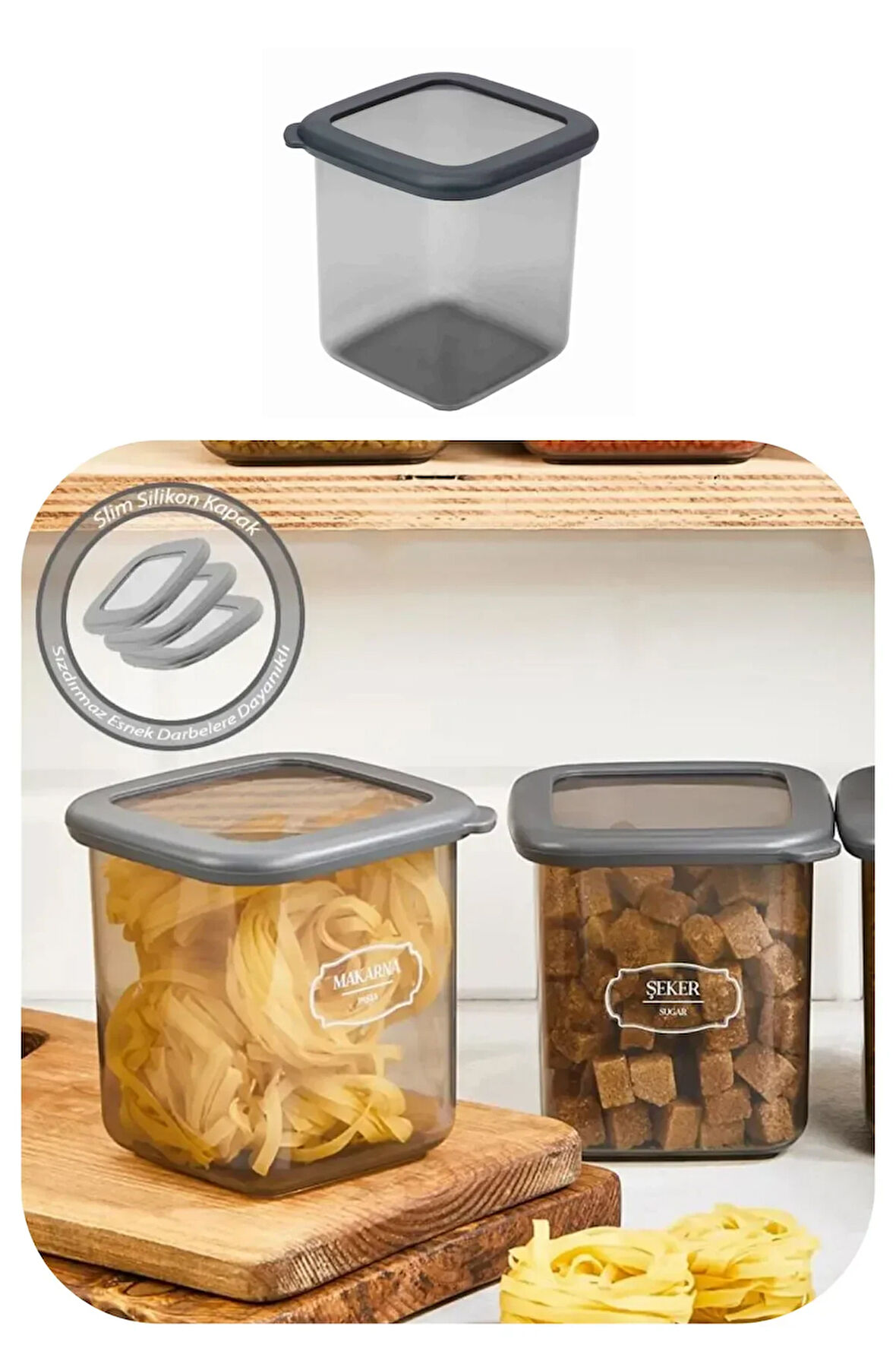 800 ml Gri Kare Saklama Kabı Silikon Kapak Hava Geçirmez Kuru Baklagil Kahve Bakliyat Makarna Kutu
