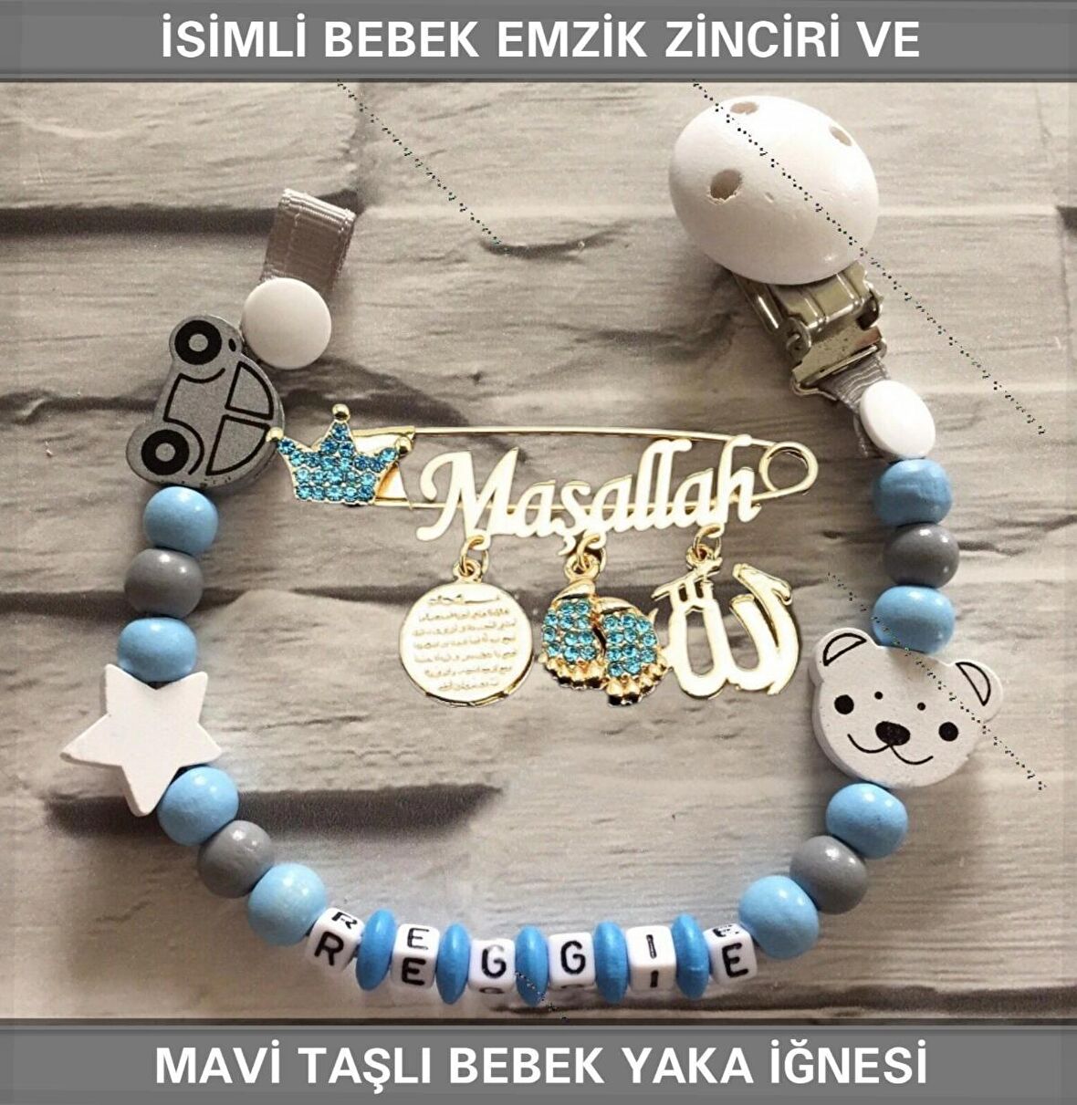 İsimli Bebek Emzik Zinciri ve Mavi Taşlı Bebek Yaka İğnesi