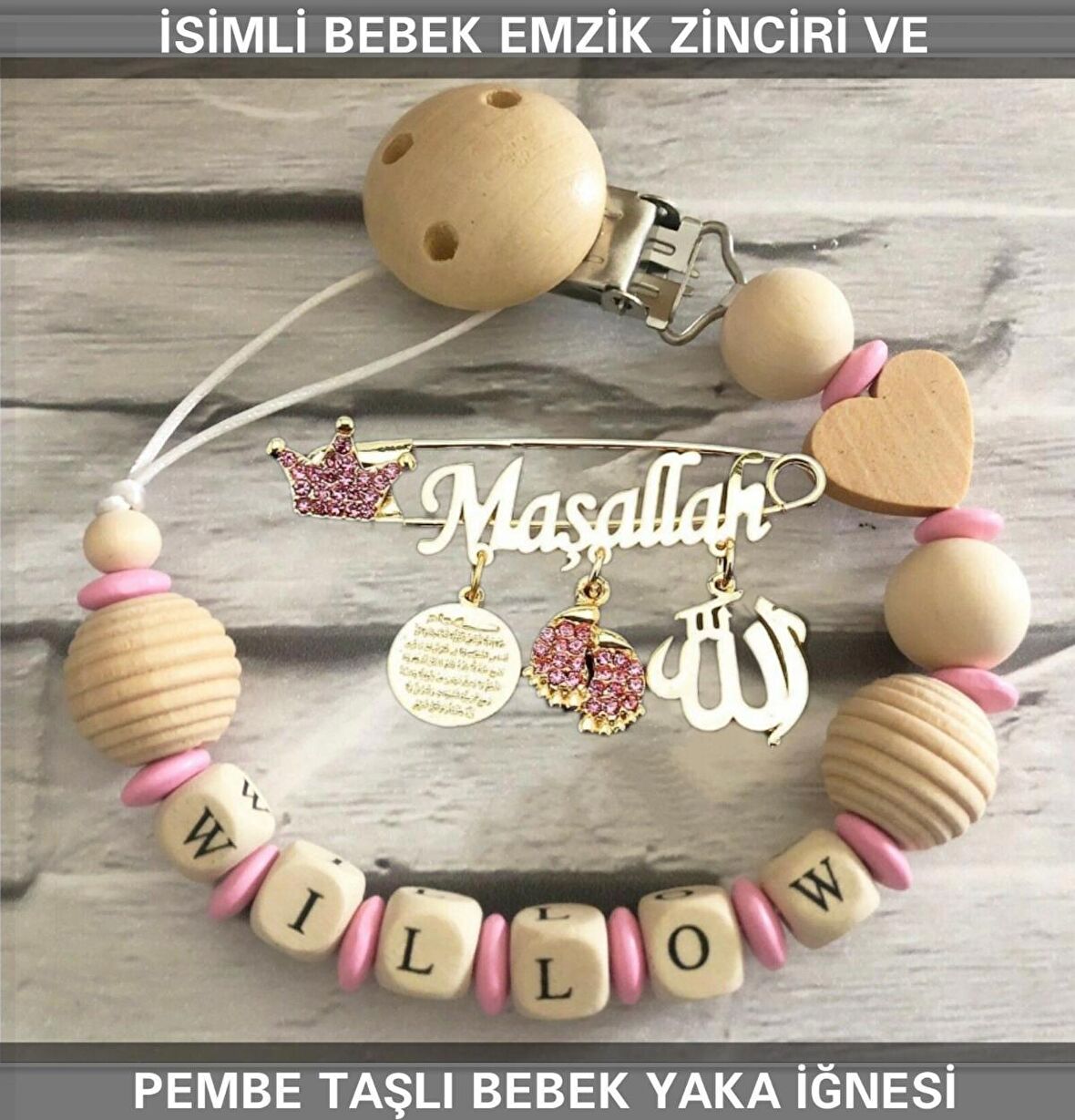 İsimli Bebek Emzik Zinciri ve Pembe Taşlı Bebek Yaka İğnesi