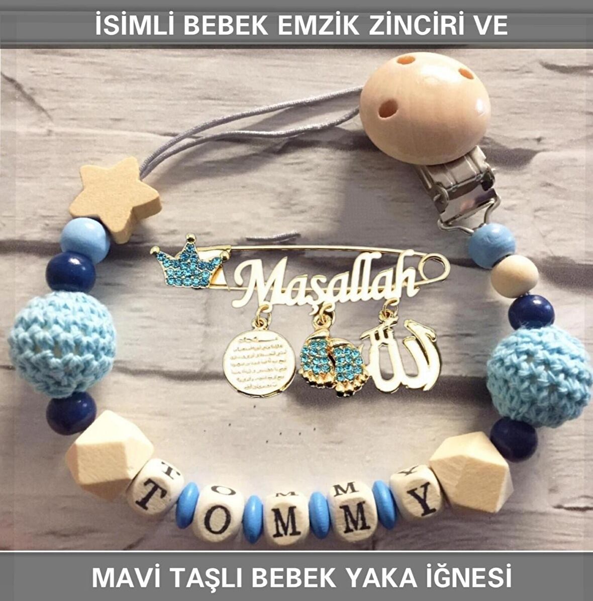 İsimli Bebek Emzik Zinciri ve Mavi Taşlı Bebek Yaka İğnesi