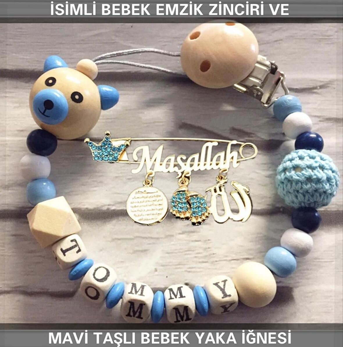 İsimli Bebek Emzik Zinciri ve Mavi Taşlı Bebek Yaka İğnesi