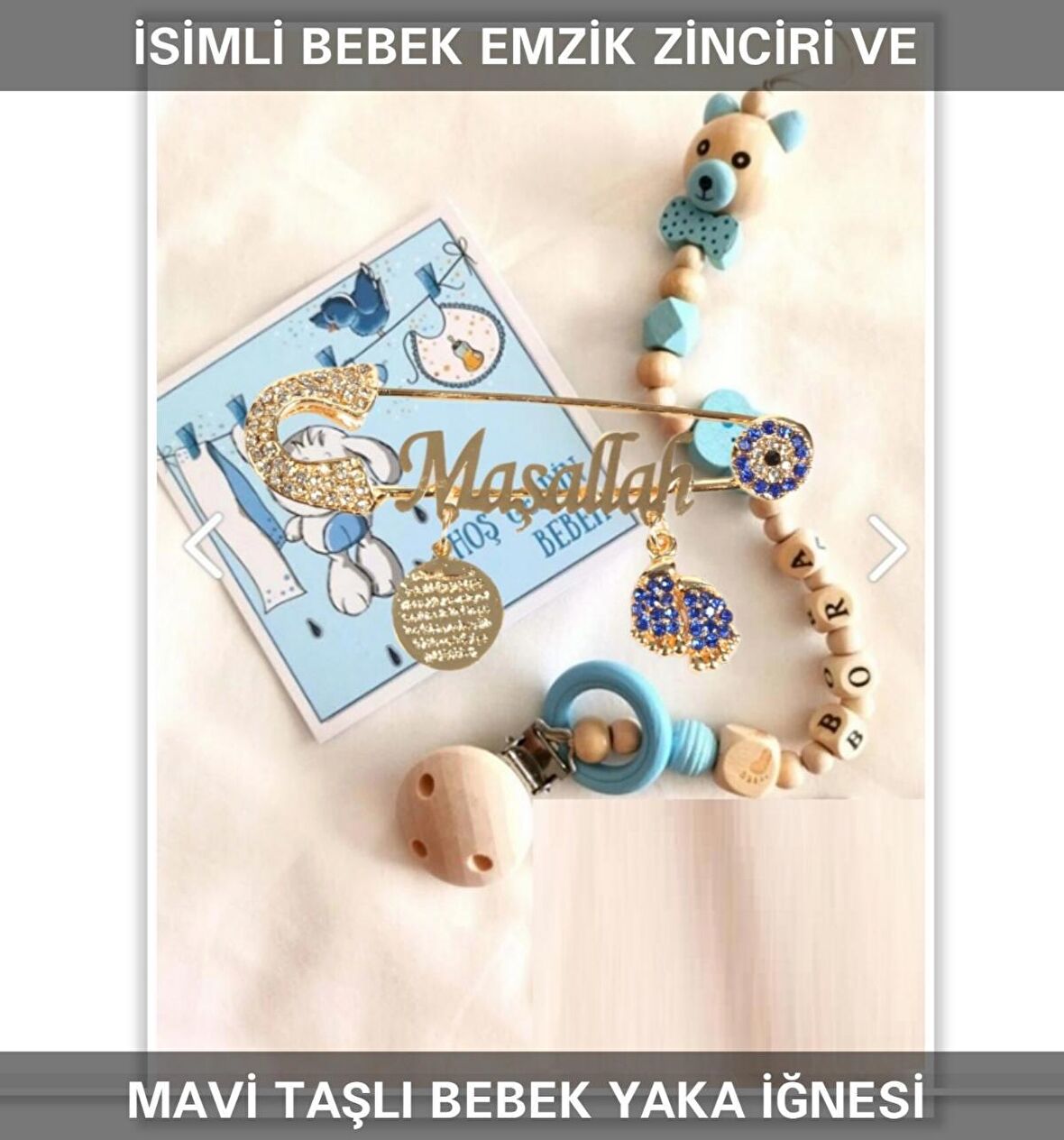 Sahi Aksesuar İsimli Bebek Emzik Zinciri ve Mavi Taşlı Bebek Yaka İğnesi