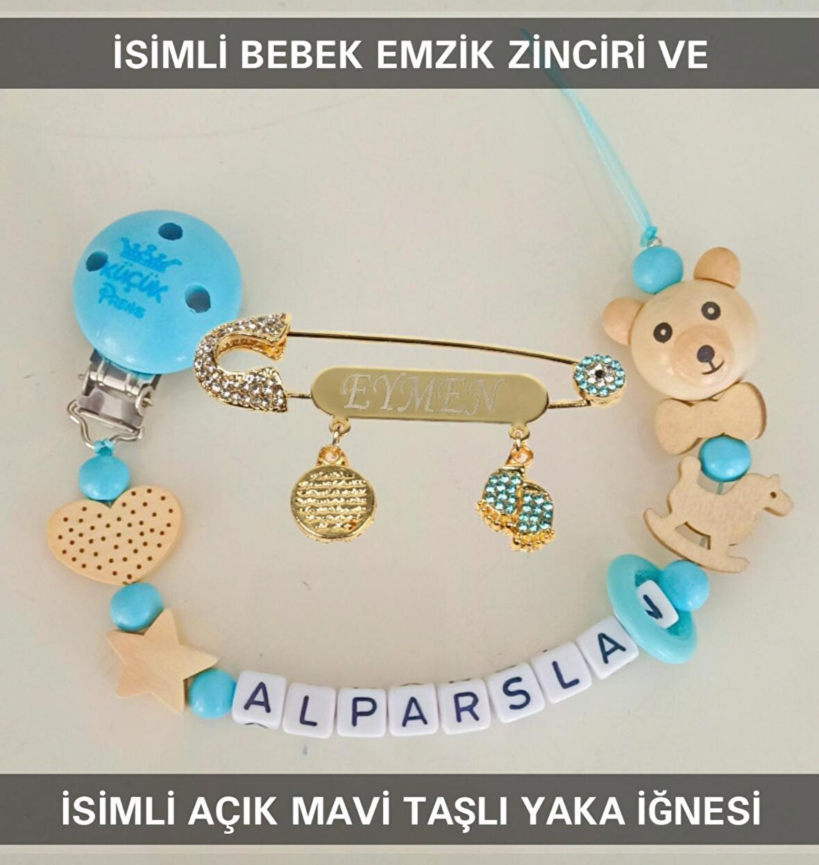 Sahi Aksesuar İsimli Bebek Emzik Zinciri ve Mavi Taşlı Bebek Yaka İğnesi