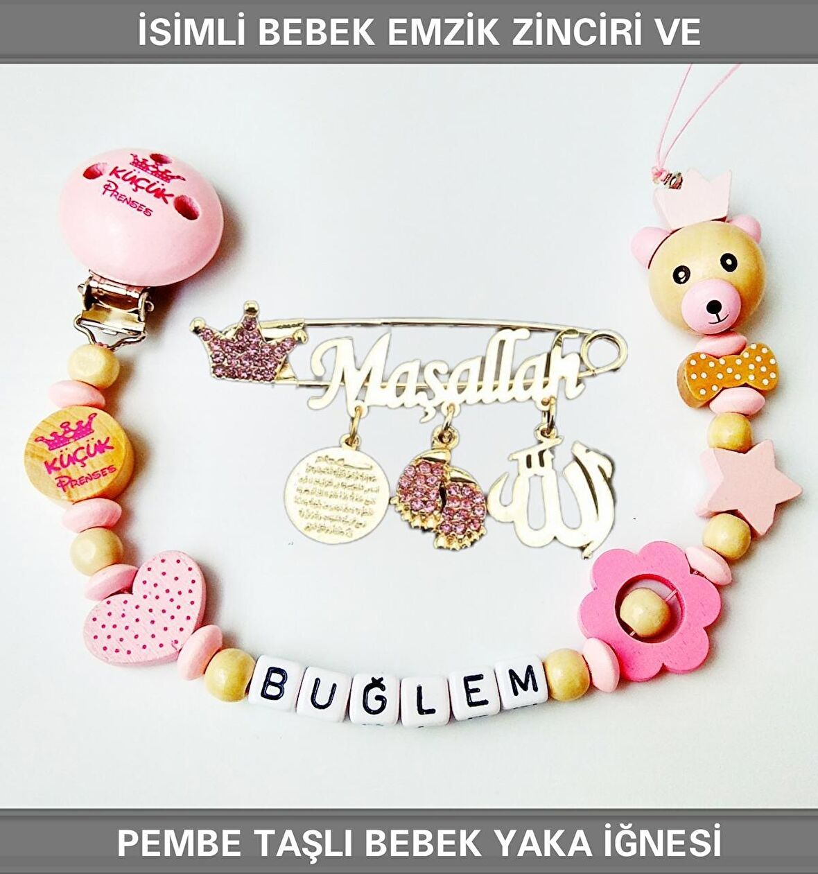 Sahi Aksesuar İsimli Bebek Emzik Zinciri ve Pembe Taşlı Bebek Yaka İğnesi