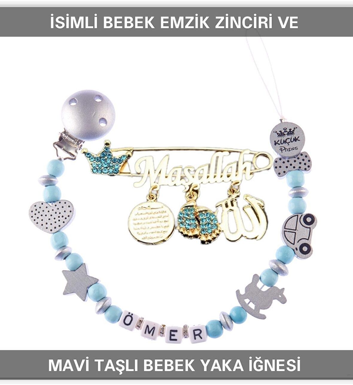 Sahi Aksesuar İsimli Bebek Emzik Zinciri ve Mavi Taşlı Bebek Yaka İğnesi