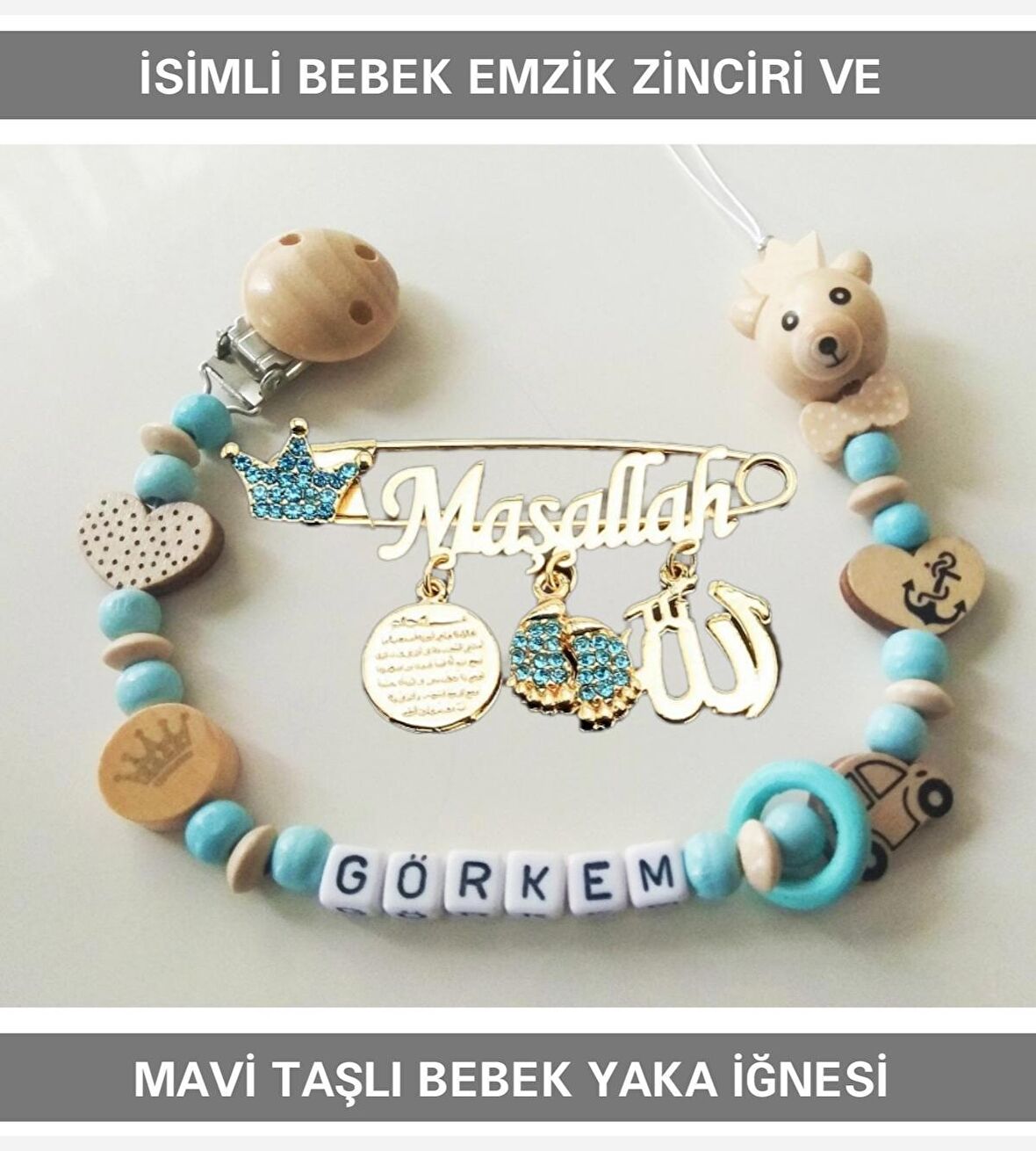 Sahi Aksesuar İsimli Bebek Emzik Zinciri ve Mavi Taşlı Bebek Yaka İğnesi