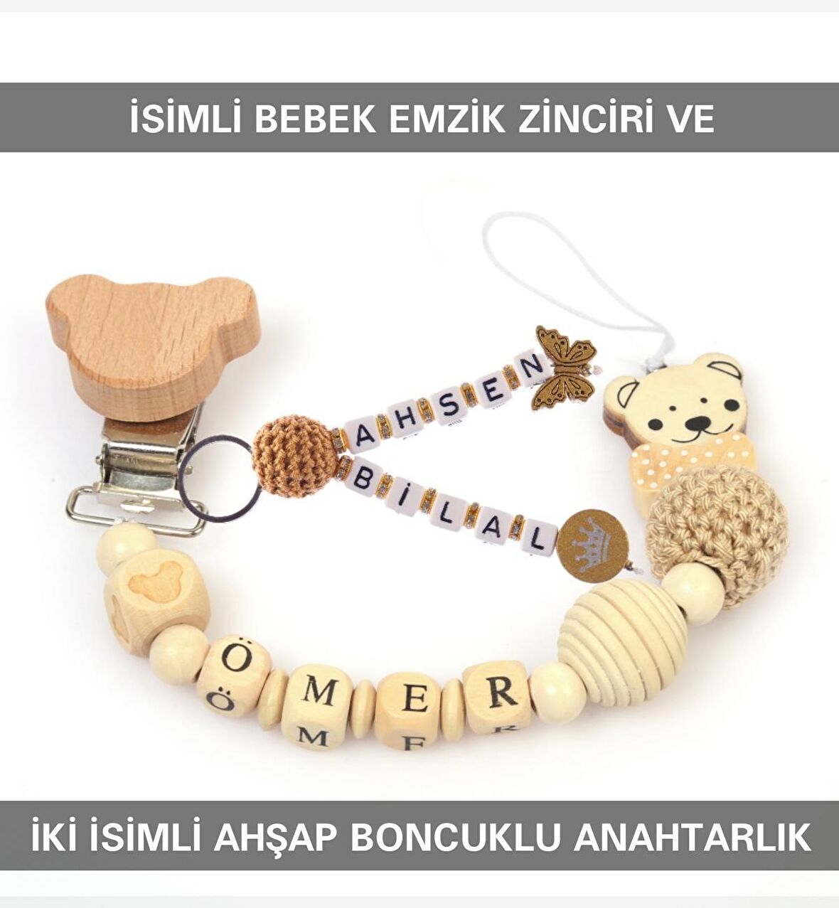 Sahi Aksesuar İsimli Bebek Emzik Zinciri ve İki İsimli Anahtarlık Seti