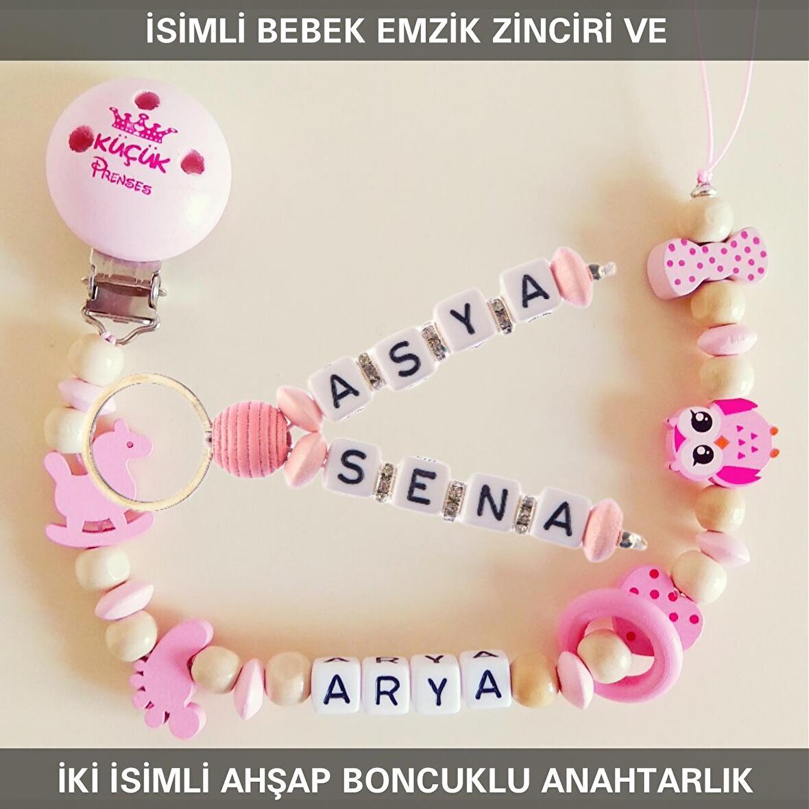Sahi Aksesuar İsimli Bebek Emzik Zinciri ve İki İsimli Anahtarlık Seti