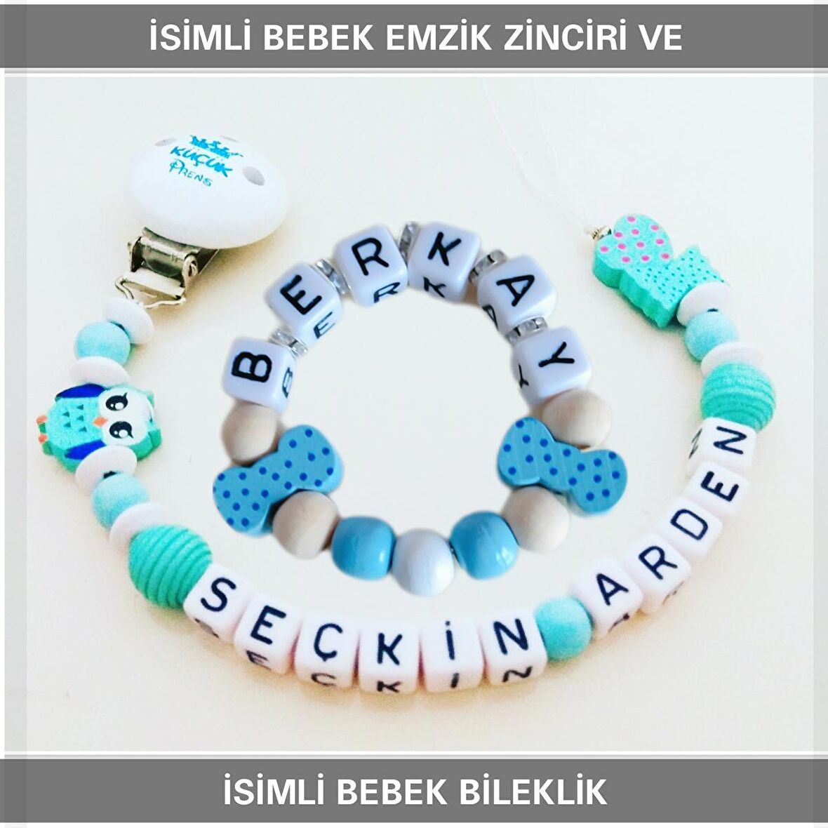 Sahi Aksesuar İsimli Bebek Emzik Zinciri ve Bebek Bileklik Seti