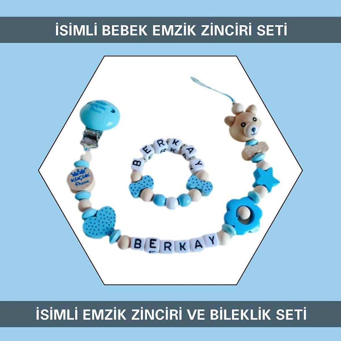 Sahi Aksesuar İsimli Bebek Emzik Zinciri ve Bebek Bileklik Seti